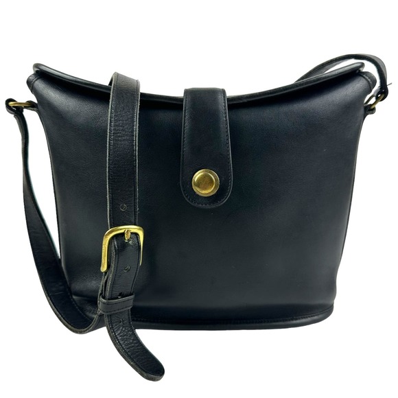Coach Vintage Binocular Crossbody Bag Leather Unique Fold Over Top Pull Black - Picture 1 of 16